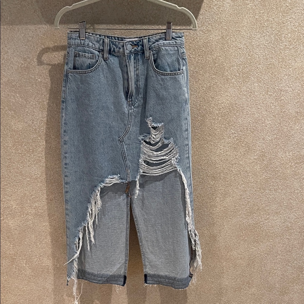 Perfect for festival season paired with boots Distressed Blue Jean Skirt